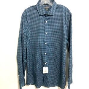NWT Nordstrom Calibrate No Iron Black Blue Checked Cotton Shirt. Size Large